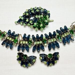 Vtg D&E Juliana Hexagon Blue Green Rhinestone Bracelet Earrings Brooch Set *READ